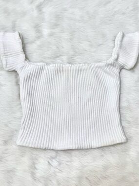ARE YOU AM I White Ribbed Off-Shoulder Crop Top